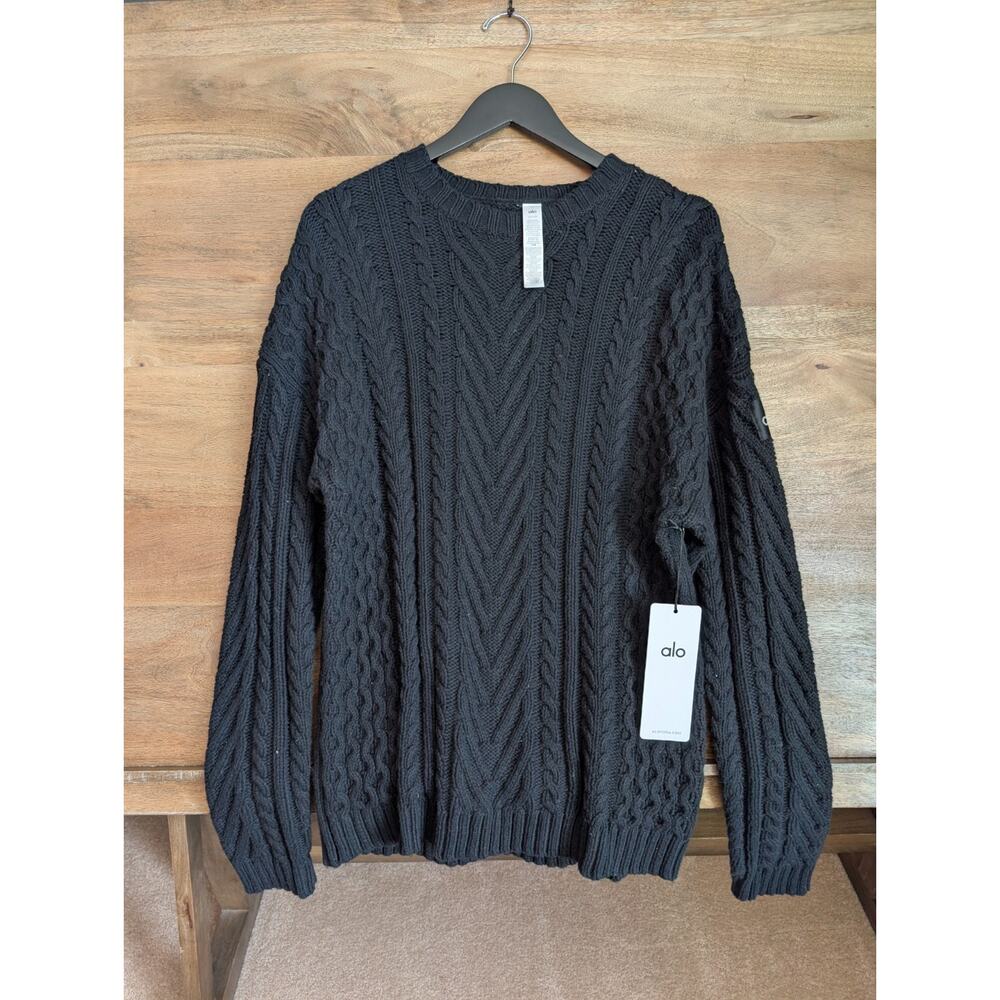 Alo Yoga Cable Knit Sweater Women's S Black Wool Blend Long Sleeve Crew Neck NWT